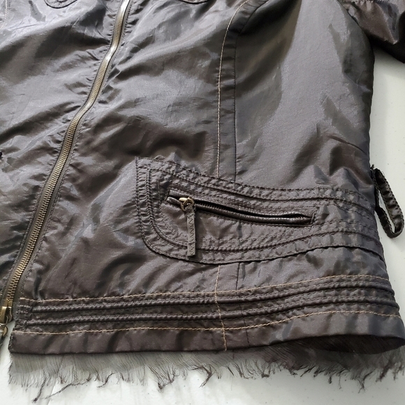 Brown Tulle Trim Moto Jacket Size XL Raw Edge Lined Retro Zipper Pockets Biker - Picture 4 of 15